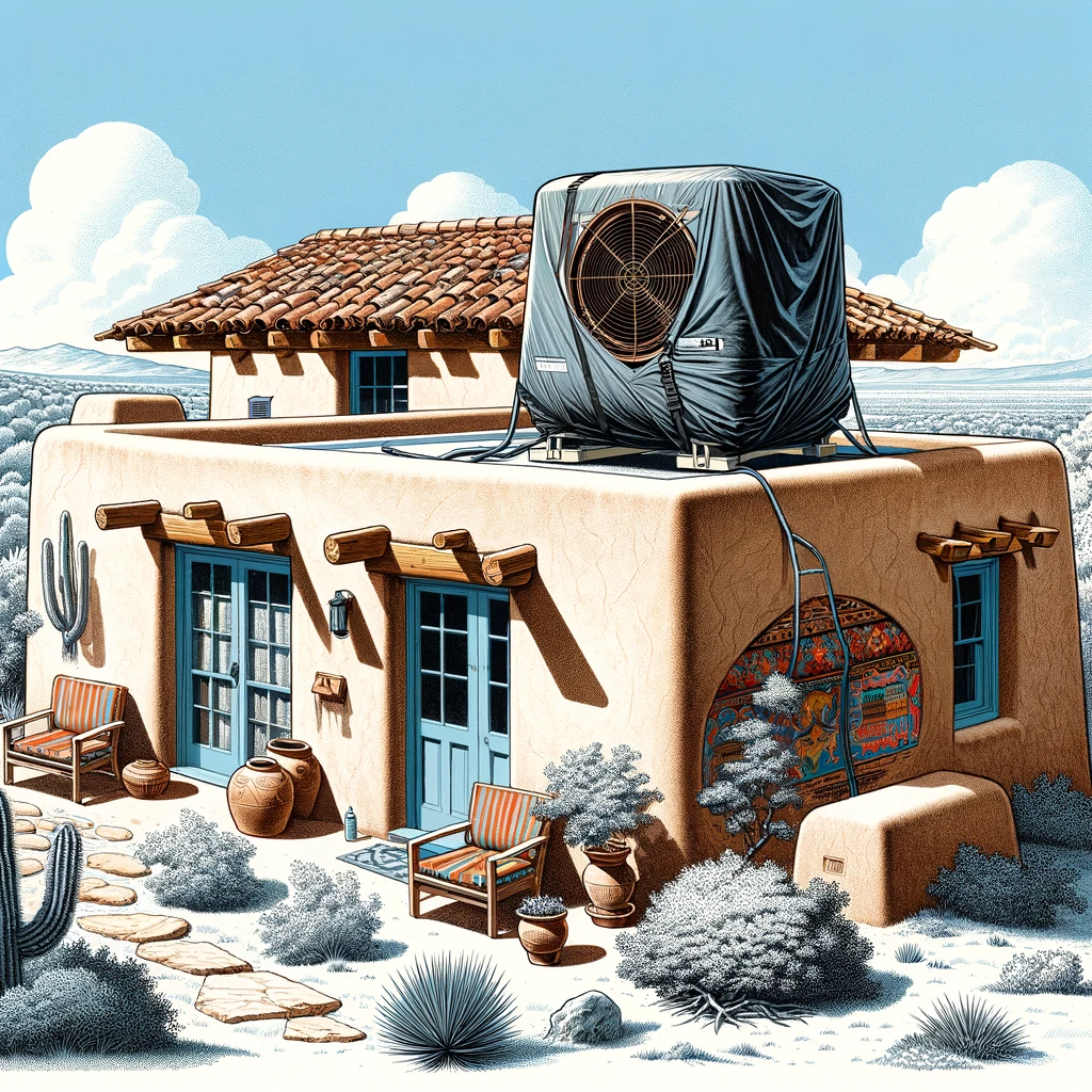 Dall·e 2023 12 01 14.26.45 An Illustration Of A Home In New Mexico With A Winterized Swamp Cooler. The Home Features Traditional Southwestern Architecture, With Adobe Walls, A F